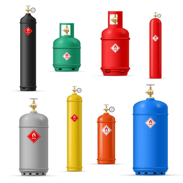 Propane tanks compressed oxygen dangerous gas cylinder set realistic vector illustration Propane tanks compressed oxygen dangerous gas cylinder set realistic vector illustration. Multicolored industrial metallic containers chemical helium power pressure supply storage and carrying gas cylinder stock illustrations