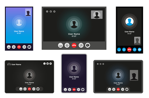 Video call device screen set vector illustration. Voicemail display smartphone tablet laptop user interface application. Web app answer incoming voice communication access with buttons navigation menu