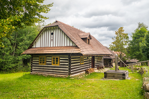 Vesely Kopec, Czech republic - 07 10 2022: timbered house - czech traditional wooden house at Bohemian-Moravian Highlands