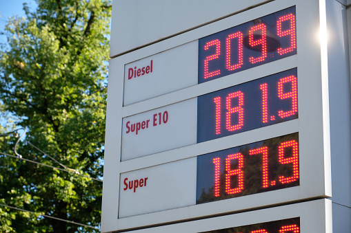 Close-up of a sign at a gas station showing high gasoline prices in Germany in August 2022 short before the end of the German fuel discount