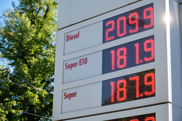 Close-up of a sign at a gas station showing high gasoline prices in Germany stock photo