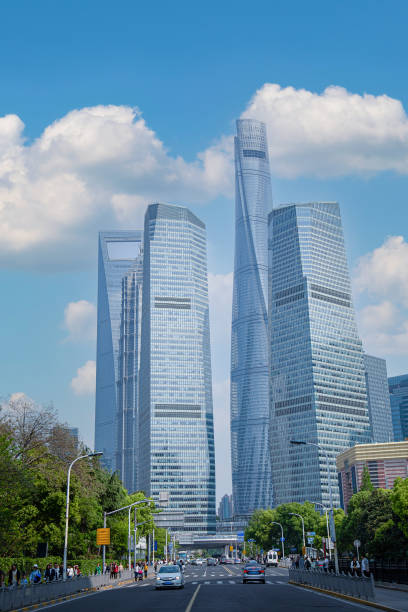 overlook of three skyscrapers in lujiazui district,shanghai - stock photo - china shanghai city shopping imagens e fotografias de stock