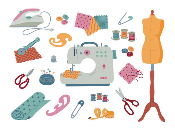 Set of different sewing tools and appliances. Set of different sewing tools and appliances. Elements for tailors, needlework and seamstress. Hand drawn color vector illustration isolated on white background. Modern flat cartoon style. button sewing item stock illustrations