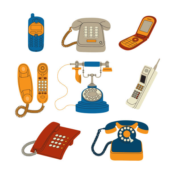 ilustraciones, imágenes clip art, dibujos animados e iconos de stock de juego de teléfonos retro. dispositivos electrónicos modernos inalámbricos y cableados vintage de diferentes generaciones. - cordless phone telephone landline phone telephone receiver