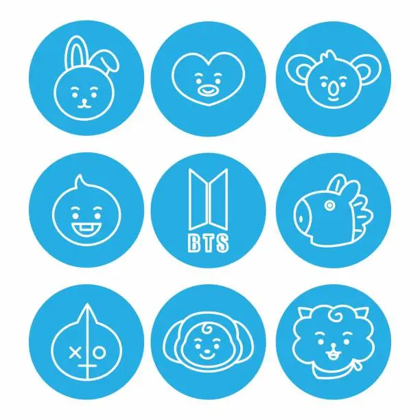Vector illustration of Icon Set bt21 Character. A cute face cartoon. Suitable for smartphone wallpaper, prints, poster, flyers, greeting card, ect.