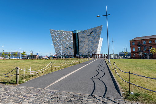 Belfast, UK. 12 August 2022. The Titanic Belfast museum exterior by the River Lagan