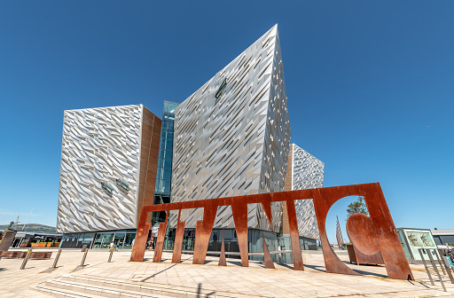 Belfast, UK. 12 August 2022. The Titanic Belfast museum exterior by the River Lagan
