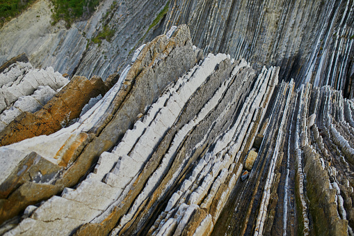 Famous flysch of Zumaia, Basque Country, Spain. Flysch is a sequence of sedimentary rock layers that progress from deep-water