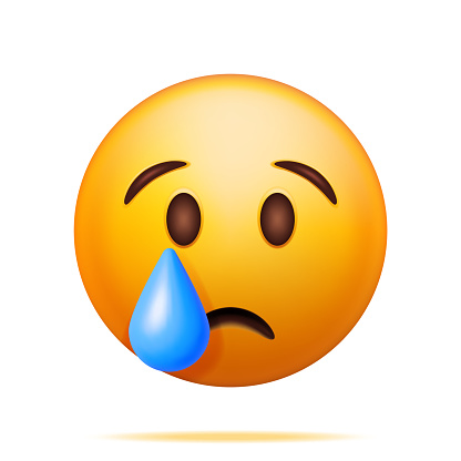 3D Yellow Sad Crying Emoticon Isolated on White. Render Cry Emoji with Tear. Unhappy Face. Communication, Web, Social Network Media, App Button. Realistic Vector Illustration