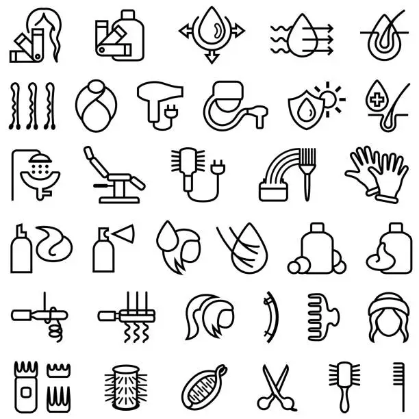 Vector illustration of Hair Care and Styling Products Outline Icons