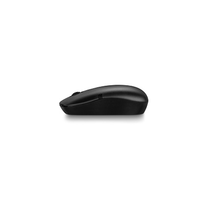 Side view of simple black wireless computer mouse, isolated on white