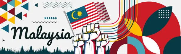 Vector illustration of Malaysia National day or Hari Merdeka banner with retro abstract geometric shapes. Malaysian flag. Red blue scheme with raised hands or fists.