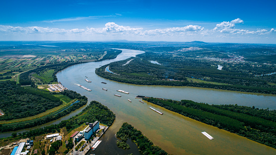 Industrial ships on a river - aerial view