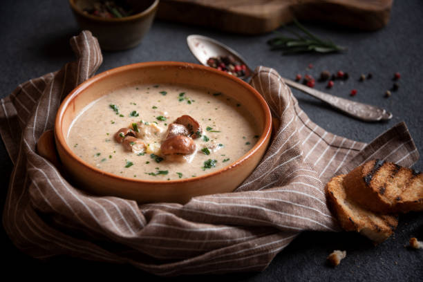 istock Creamy porcini mushroom soup in a rustic bowl 1417956094