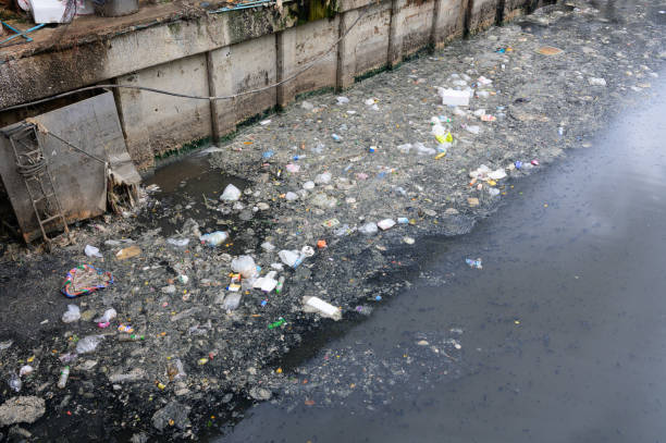 istock Dirty canal with plastic bottle and other garbage 1417956982