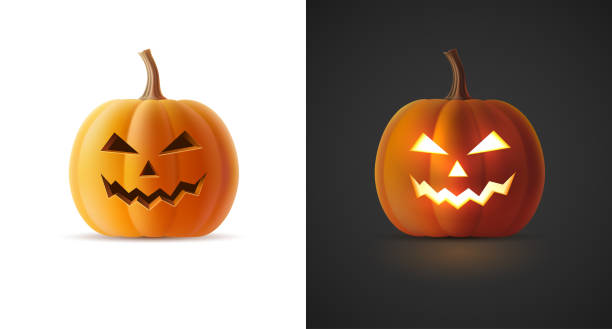 Vector illustration of volumetric glowing Jack-o-lanterns for Halloween. Template 3D realistic pumpkin with carved smiley face on isolated background. Autumn holiday, All Saints Eve Vector illustration of volumetric glowing Jack-o-lanterns for Halloween. Template 3D realistic pumpkin with carved smiley face on isolated background. Autumn holiday, All Saints Eve. halloween lantern stock illustrations