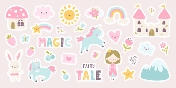 Cute fairy tale sticker pack for girls. Magic girly pink collection with princess and unicorn. Cute fairy tale sticker pack for girls. Magic girly pink collection with princess and unicorn. little cute cartoon fantasy unicorn stock illustrations