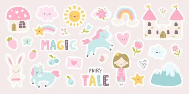 Vector illustration of Cute fairy tale sticker pack for girls. Magic girly pink collection with princess and unicorn.