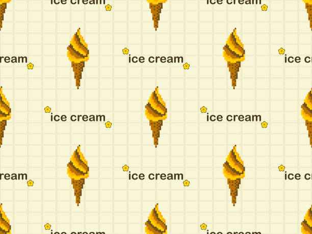 illustrazioni stock, clip art, cartoni animati e icone di tendenza di gelato senza cuciture su sfondo giallo. stile pixel - vector frozen pixelated multi colored
