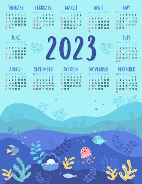Vector illustration of Calendar for 2023 with underwater landscape, seabed, jellyfish, fish, pearl and algae. Vector illustration. Vertical template for 12 months in English. week starts on Sunday