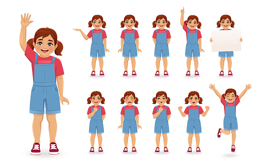 Smiling cute little girl in different poses set. Various kid gestures - thinking, angry, crying, jumping, welcoming, holding empty blank board and making idea pointing up isolated vector illustration