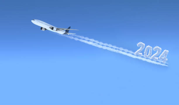 istock Commercial plane flying with 2024 smoke writing - 3D Illustration. 1417963257