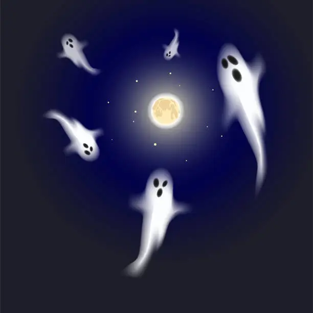 Vector illustration of Helloween ghosts flying under the full Moon in the night. Vector illustration. Graphic design.