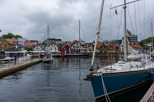 Small sailing boats moored in the yacht club of Sanxenxo on a clear Summer day, Pontevedra, Spain.