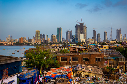 Mumbai cityscape with a striking contrast between poverty and wealth. Photo taken on 19th May 2018 in Mumbai, Maharashtra, India.