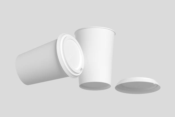istock Flying paper coffee cup mockup with lid 3D render with space for design 1417967521
