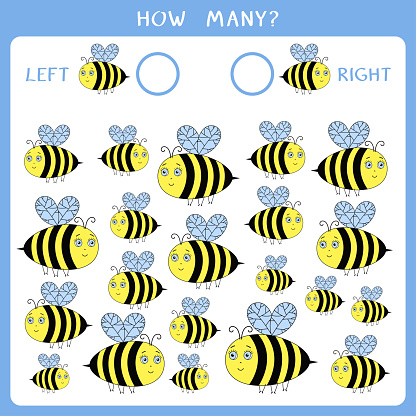 Simple educational game for kids. Count how many bees fly to the left and to the right and write the result. Vector worksheet