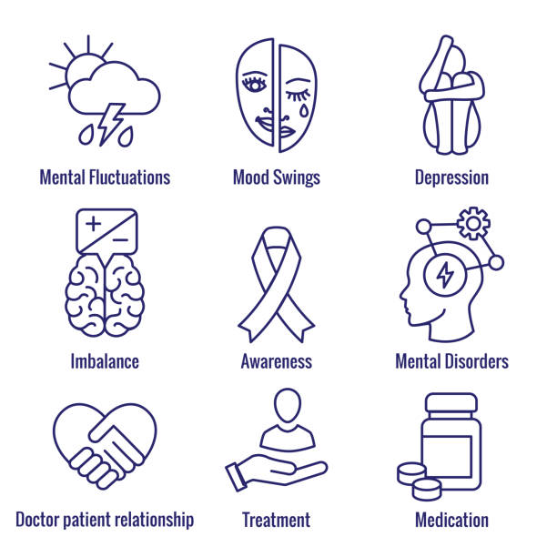 Bipolar Disorder or Depression BP Icon Set Showing Mental Health Issue Symptoms Bipolar Disorder and Depression BP Icon Set Showing Mental Health Symptoms self harm stock illustrations