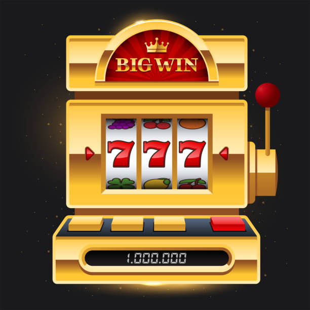 Golden Big Win slot machine Golden slot machine on dark background with Big Win sign. Win 777 jackpot. Lucky seven, big win, casino Vegas game. Jackpot triple seven. Vector illustration. slot stock illustrations