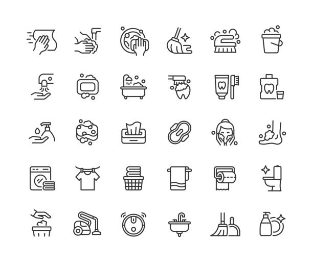 Hygiene Line Icons Editable Stroke Set of hygiene line vector icons. Editable stroke. wash dishes stock illustrations