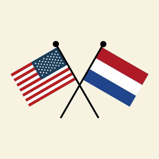 flags of usa america and netherlands with crossed position. - usa netherlands 幅插畫檔、美工圖案、卡通及圖標