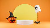 3D Render Happy Halloween Product display stage for presentation background. Spooky ghost and Jack o lantern with witches hat