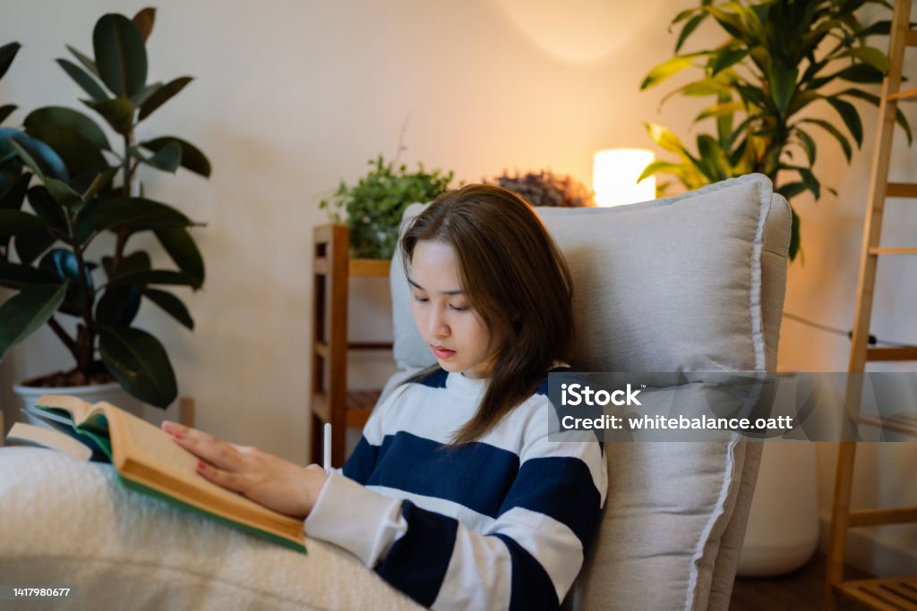 Asian woman writes a text based on a book on her tablet. Asian woman sits on a sofa writing a book on her tablet to send information online for her friends abroad to read and edit for her. Accessibility Stock Photo