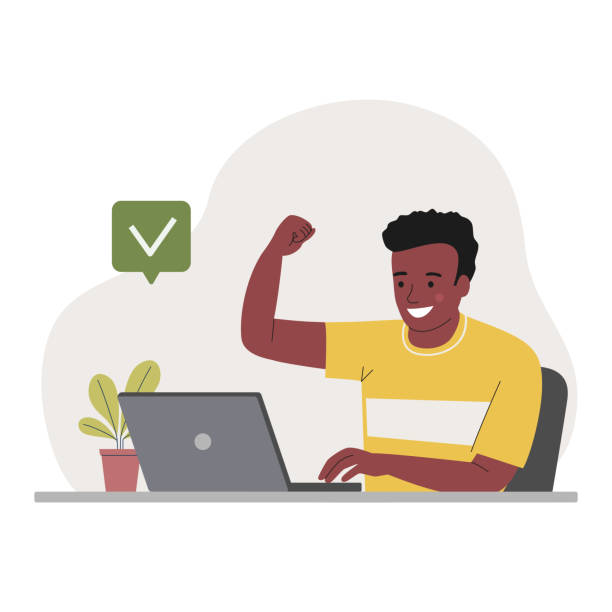 ilustrações de stock, clip art, desenhos animados e ícones de young man before the laptop with show yeah positive gesture, approval gesturing. flat style cartoon vector illustration. - eufórico