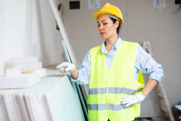 改修対象物のパネルをチェックする女性作業員 - plastering station ストックフォトと画像
