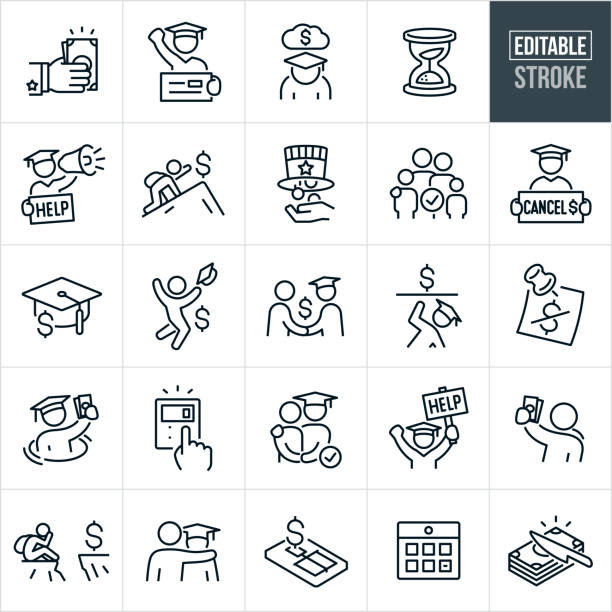 Student Loan Debt Thin Line Icons - Editable Stroke A set of student loan debt and forgiveness icons that include editable strokes or outlines using the EPS vector file. The icons include a government hand giving student loan forgiveness in the form of cash, excited graduate holding student loan forgiveness check with fist in the air, student with head down due to student loan debt while a cloud of debt looms overhead, hourglass running out of time, student wearing backpack with student loan, desperate student climbing mountain on hands and knees to receive student debt relief, uncle sam hat pouring our student debt relief money, family qualifying for student debt forgiveness, graduate student holding a sign reading "cancel", graduate student holding a sign reading "help" as he shouts through a bullhorn, graduation cap with dollar sign to represent student loan, excited student throwing graduation cap into air upon learning of student loan forgiveness payment, student with graduation cap receiving money compensation, student being crushed by student debt, student wearing graduation cap drowning in water while holding up cash, calculator with the number 0, couple qualifying for student debt relief, student holding up money received from student loan, sad student with head in hands sitting on one side of a cliff with a dollar sign on the other side, person offering a helping hand to a depressed student with arm around his shoulder, mousetrap with dollar sign, calendar and a stack of cash being cut to represent student loan debt forgiveness. government clipart stock illustrations