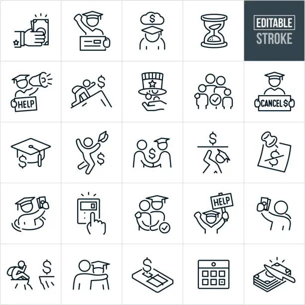 Vector illustration of Student Loan Debt Thin Line Icons - Editable Stroke