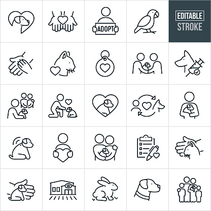 A set of pet adoption icons with editable strokes or outlines using the EPS file. The icons include a dog with a heart shape in the background, hands holding a heart shape in palm, person holding an adopt sign, parrot, hand with dog paw, cat with heart shape, pet tag with heart, puppy being adopted by a pet owner, pet vaccine, couple donating a puppy dog, child leaning down to pet a puppy dog, puppy dog in a heart shape, dog owner with an adopted puppy in arms, do with location chip, person holding a heart shape, couple holding a newly adopted puppy dog, checklist, cat, dog, rabbit, animal shelter, Labrador dog and a family holding  a newly adopted dog.