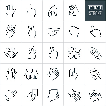 A set of active hands icons that include editable strokes or outlines using the EPS vector file. The icons include a hand gesturing to stop, hand holding up one finger to represent number one, hand picking up, hand gesturing an ok sign, two hands clapping, hand gesturing a peace sign, hand pointing, hand forming a fist, hand with fingers crossed, two hands shaking hands, hand with a thumbs up, four hands doing a fist bump, hand using one finger to touch, two hand reaching for one another, two hands gripping one another, two hands giving a high five, two hands with palms out, two hands praying, a hand gesturing a love sign, hand gripping and object, hand holding an object, hand holding coins, and four hands doing a hand-stack.