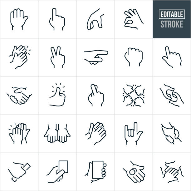 Hands Thin Line Icons - Editable Stroke A set of active hands icons that include editable strokes or outlines using the EPS vector file. The icons include a hand gesturing to stop, hand holding up one finger to represent number one, hand picking up, hand gesturing an ok sign, two hands clapping, hand gesturing a peace sign, hand pointing, hand forming a fist, hand with fingers crossed, two hands shaking hands, hand with a thumbs up, four hands doing a fist bump, hand using one finger to touch, two hand reaching for one another, two hands gripping one another, two hands giving a high five, two hands with palms out, two hands praying, a hand gesturing a love sign, hand gripping and object, hand holding an object, hand holding coins, and four hands doing a hand-stack. human limb stock illustrations