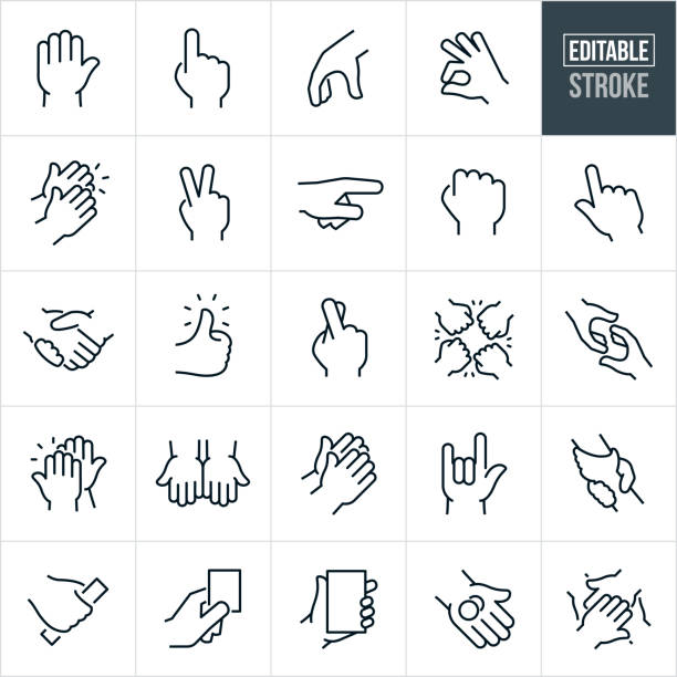 Hands Thin Line Icons - Editable Stroke A set of active hands icons that include editable strokes or outlines using the EPS vector file. The icons include a hand gesturing to stop, hand holding up one finger to represent number one, hand picking up, hand gesturing an ok sign, two hands clapping, hand gesturing a peace sign, hand pointing, hand forming a fist, hand with fingers crossed, two hands shaking hands, hand with a thumbs up, four hands doing a fist bump, hand using one finger to touch, two hand reaching for one another, two hands gripping one another, two hands giving a high five, two hands with palms out, two hands praying, a hand gesturing a love sign, hand gripping and object, hand holding an object, hand holding coins, and four hands doing a hand-stack. hand sign stock illustrations