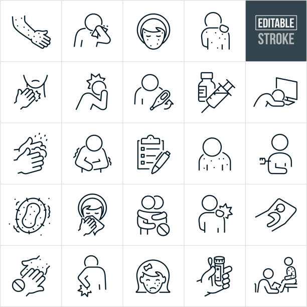 Monkeypox Thin Line Icons - Editable Stroke A set of monkeypox, chickenpox or smallpox icons that include editable strokes or outlines using the EPS vector file. The icons include an arm with a rash of monkeypox, ill person sneezing into tissue, woman with monkeypox rash on face, person with rash on back, woman with sore throat, person with a headache, ill person with a high fever, vaccine and vial, person asleep at computer, hand washing, person with body chills, checklist, exhausted person covered with spots, person getting a vaccine, monkeypox virus, woman wiping nose, two people hugging, person with body aches, person in bed with fever, one hand touching another hand with rash, person with backache, child with rash on face, medical test tube sample, and a physician seeing a patient in office who has a rash. symptom stock illustrations