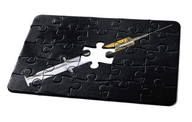 Jigsaw puzzle of syringe containing vaccine or medicine, with one missing piece, representing a problem to be solved