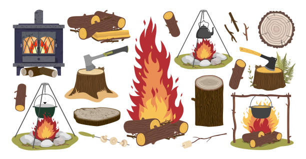 kłody drewna na ognisko - wood cutting chopping fireplace stock illustrations