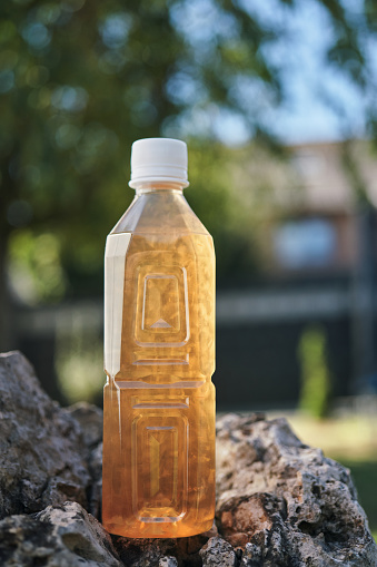 Ice Tea in Plastic Bottle with Park Background