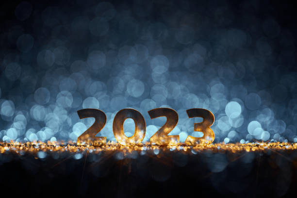 Happy New Year 2023 - Christmas Gold Blue Glitter stock photo